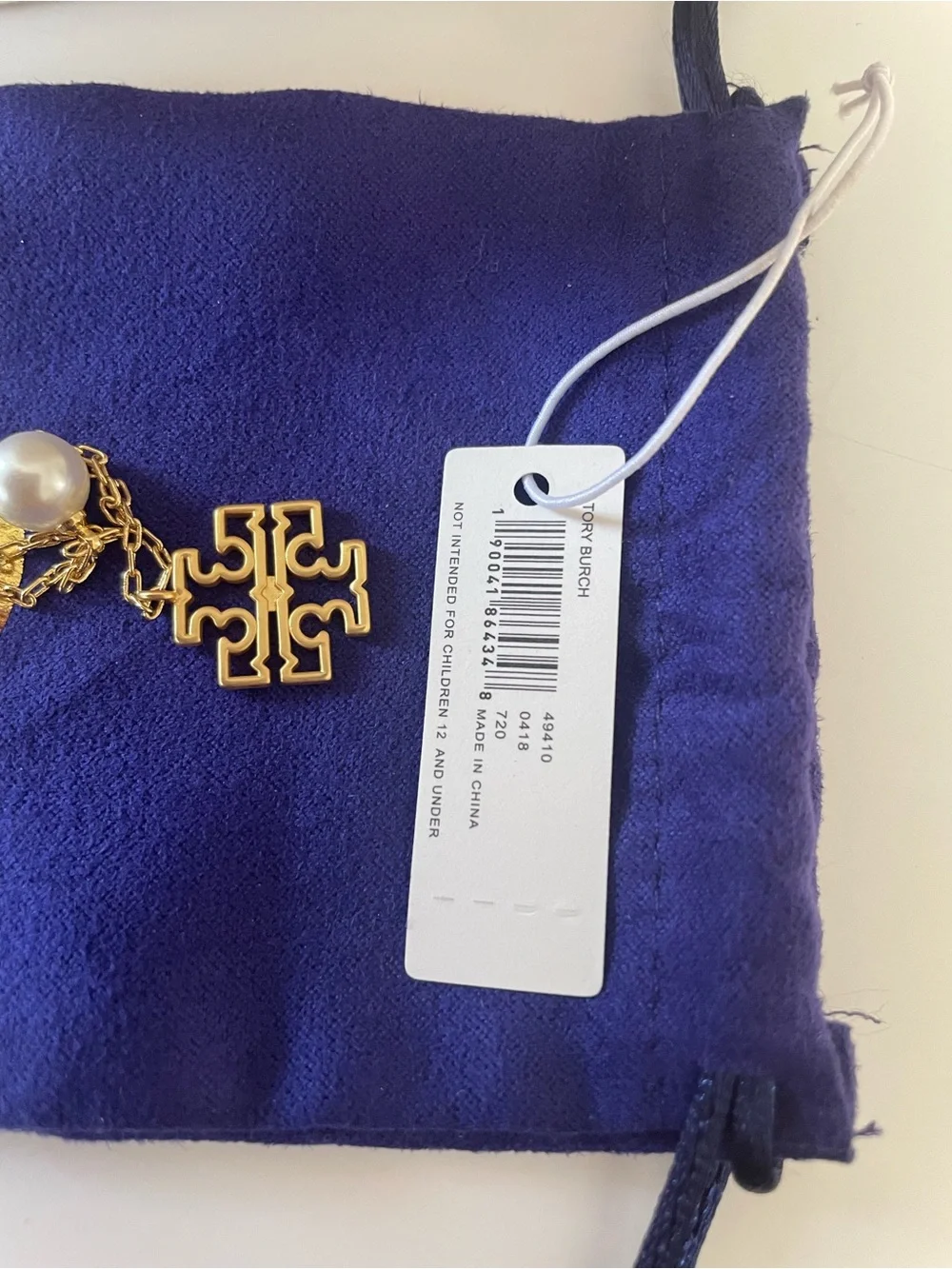 Tory Burch Gold Layered Necklace with White Pearl and Logo Pendant